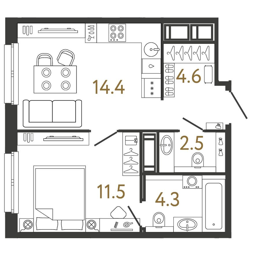 Планировка — 1к. квартира, 37.3 м²
