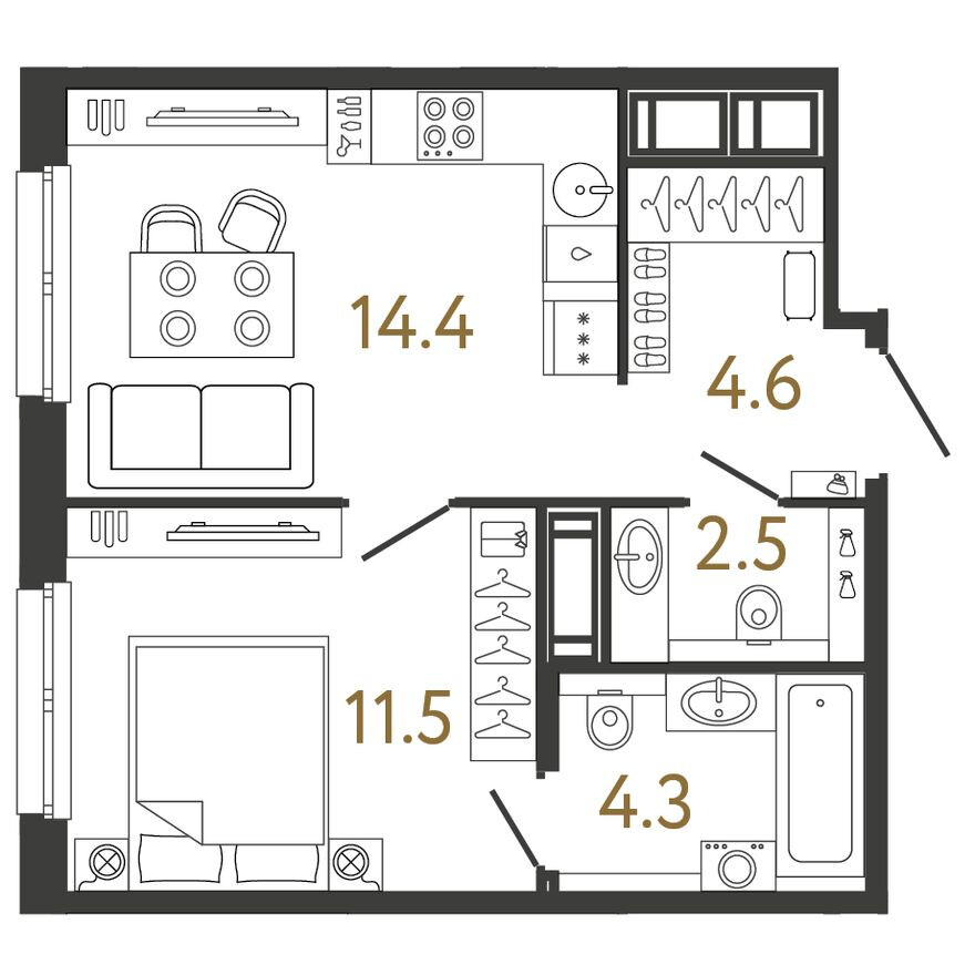 Планировка — 1к. квартира, 37.3 м²