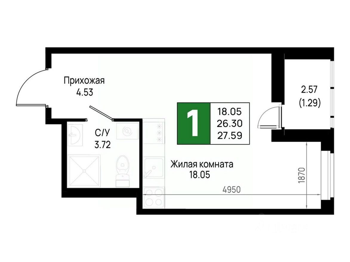 1к. квартира, 27.6 м²