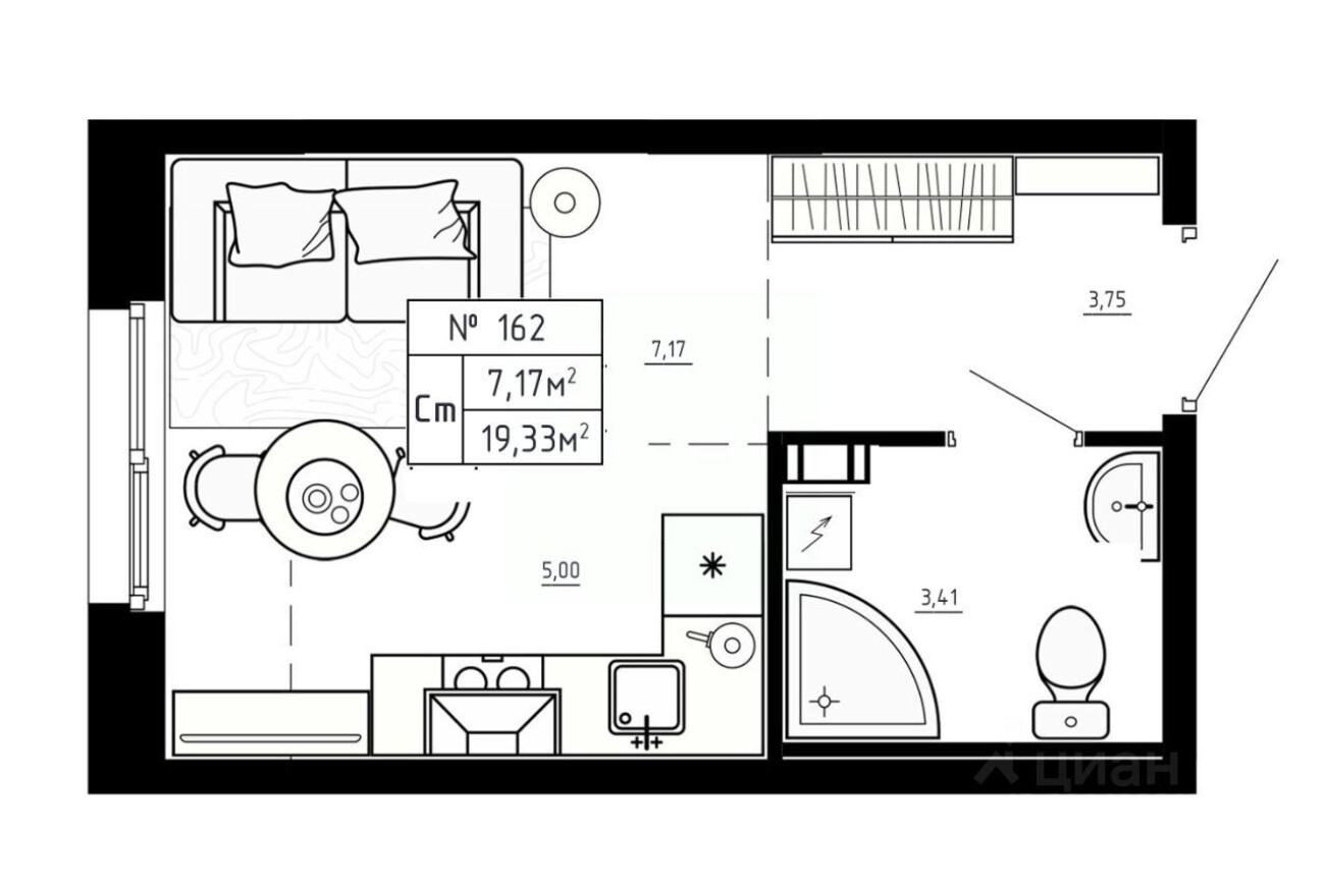 1к. квартира, 19.3 м²