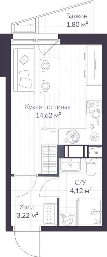 Студия-квартира, 22.5 м²