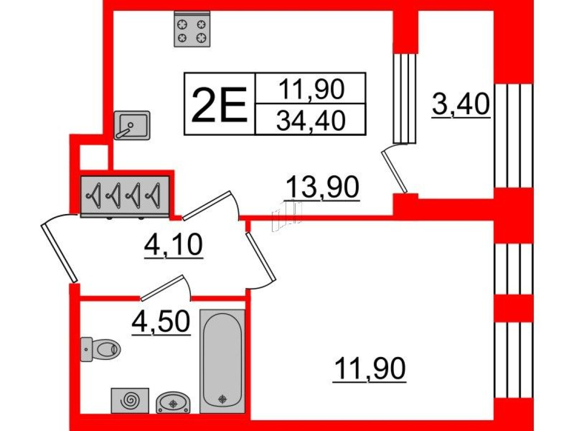 Планировка — 1к. квартира, 34.4 м²