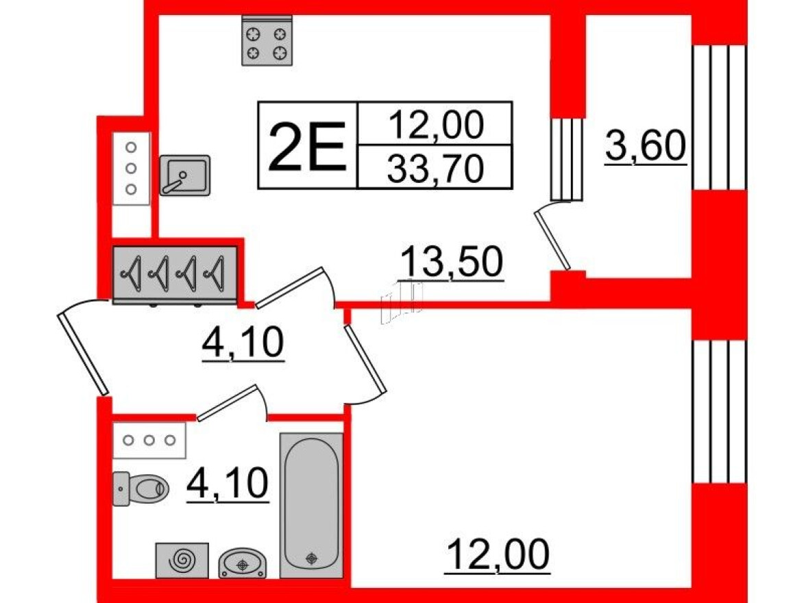 Планировка — 1к. квартира, 33.7 м²