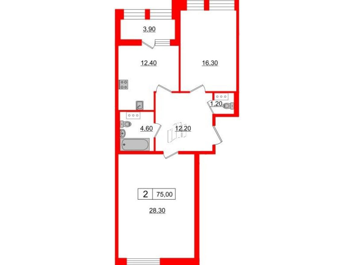 Планировка — 2к. квартира, 75.0 м²