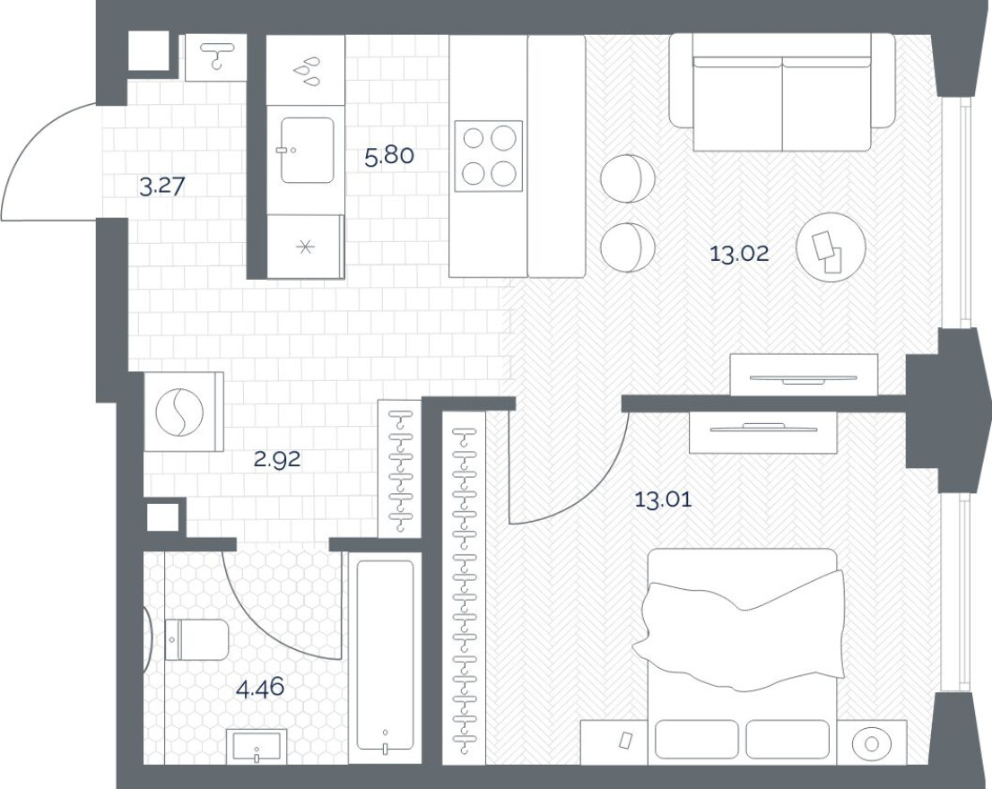 Планировка — 1к. квартира, 42.5 м²