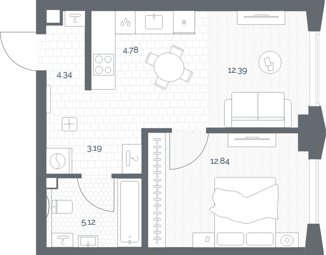 Планировка — 1к. квартира, 42.7 м²
