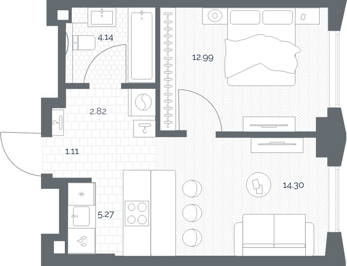 Планировка — 1к. квартира, 40.6 м²