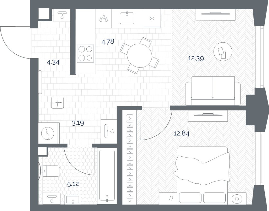Планировка — 1к. квартира, 42.7 м²
