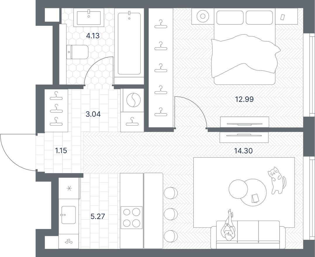 Планировка — 1к. квартира, 40.9 м²
