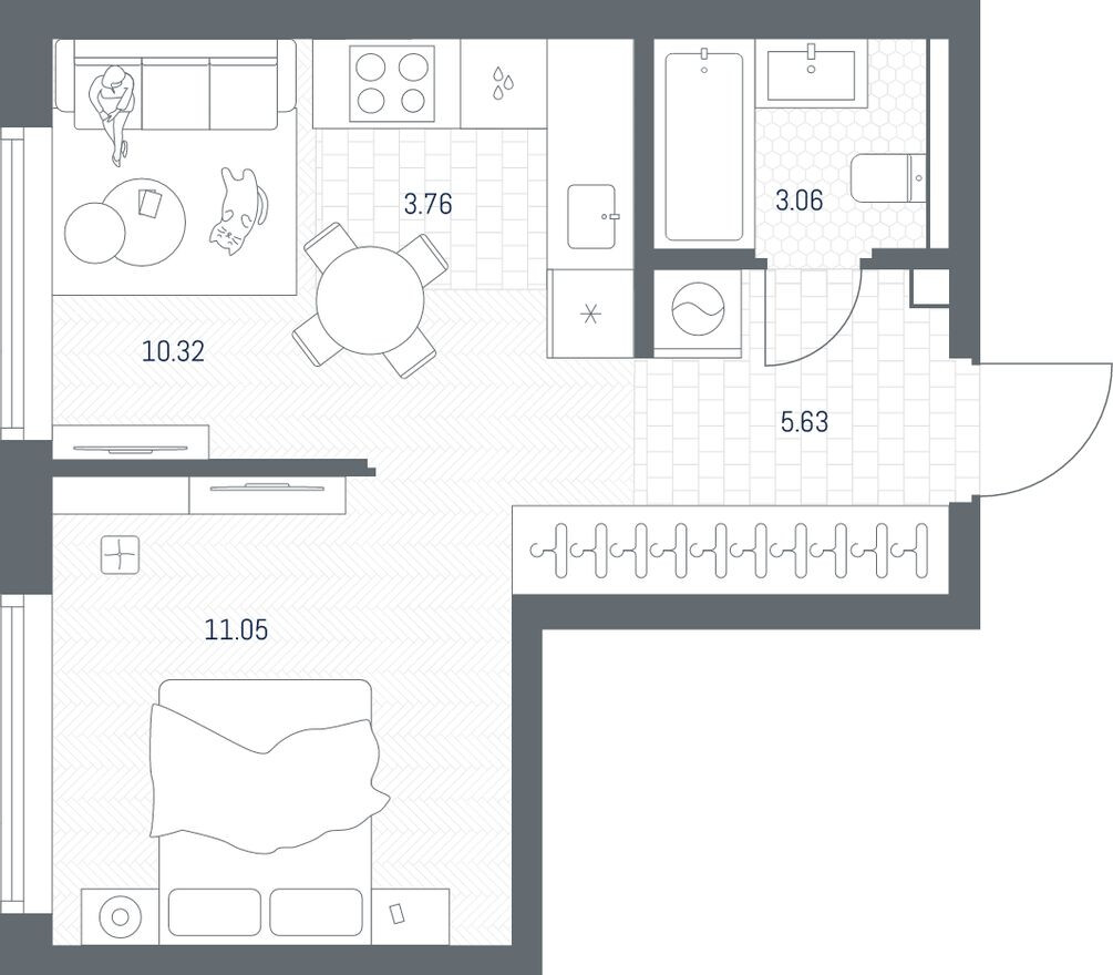 Планировка — 1к. квартира, 33.8 м²
