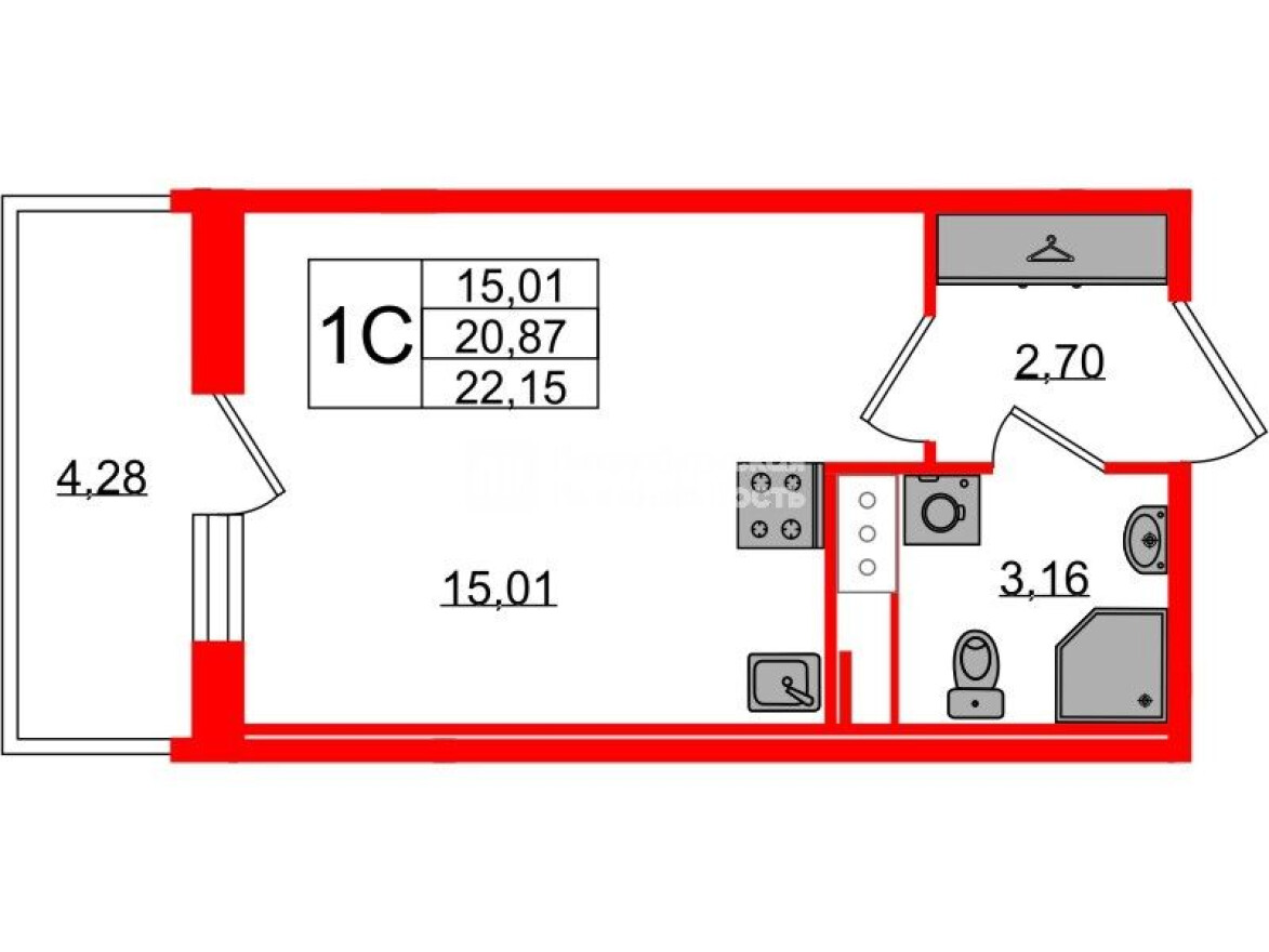 Студия-квартира, 20.9 м²