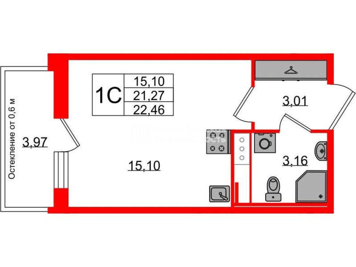 Студия-квартира, 21.3 м²