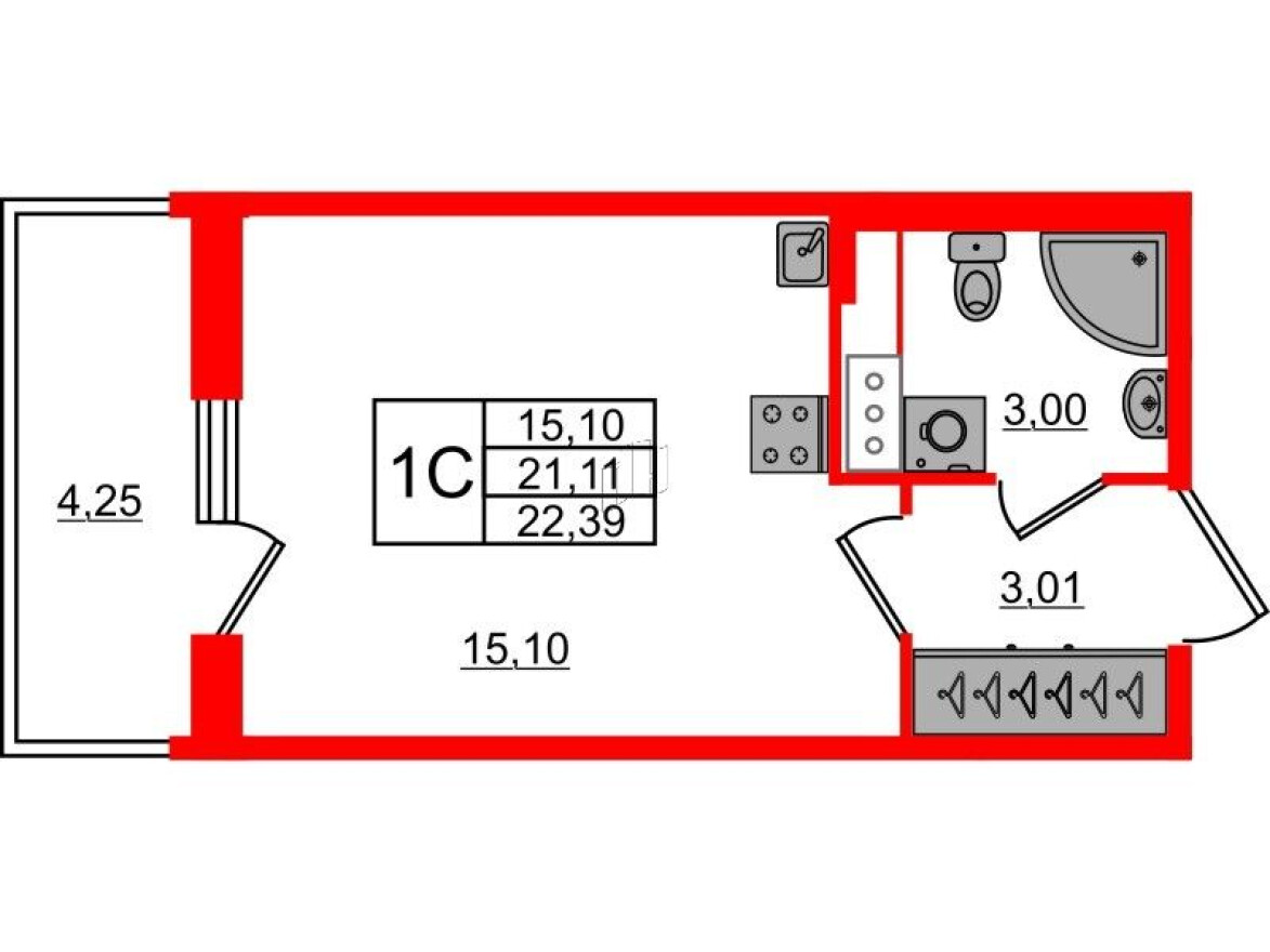 Студия-квартира, 21.1 м²