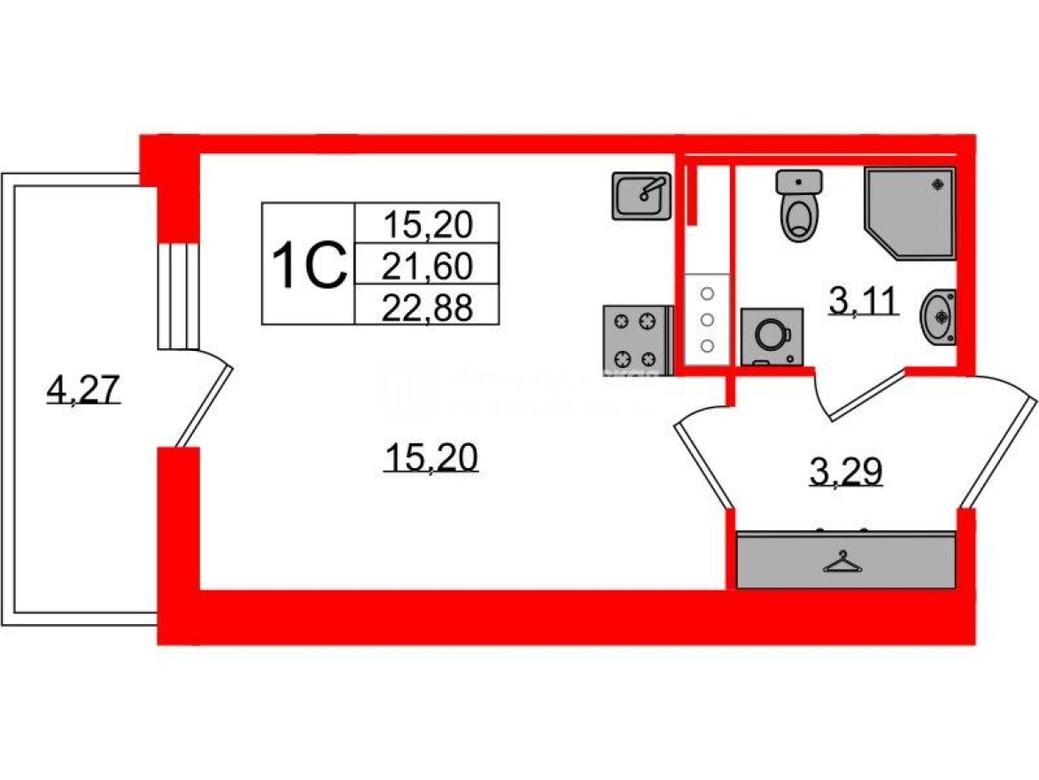 Студия-квартира, 21.6 м²