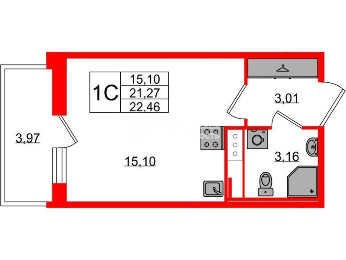 Студия-квартира, 21.3 м²