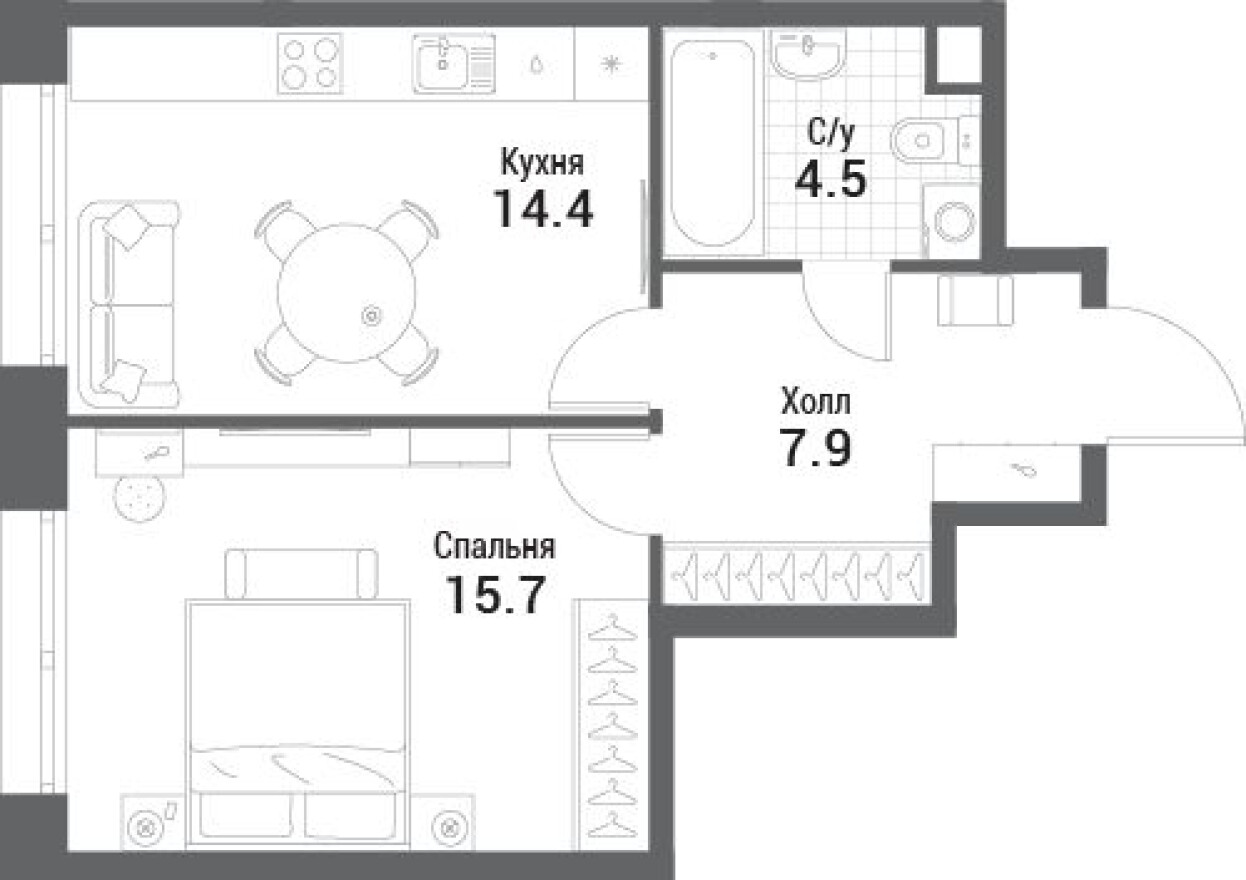 1к. квартира, 42.5 м²