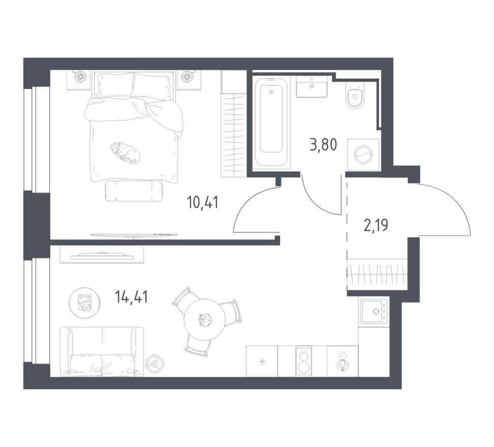 1к. квартира, 30.8 м²