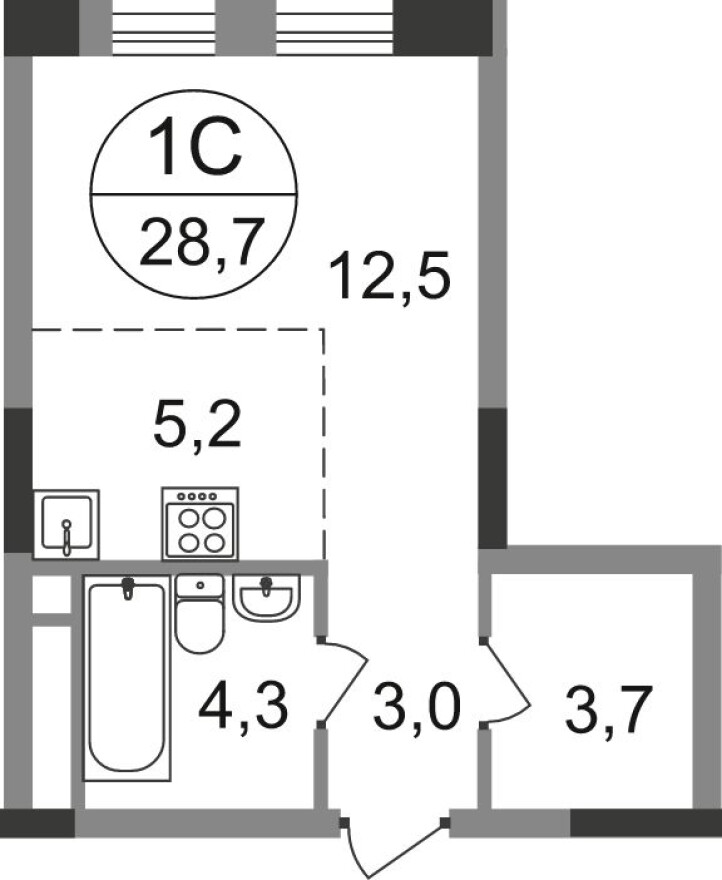 Студия-квартира, 28.7 м²
