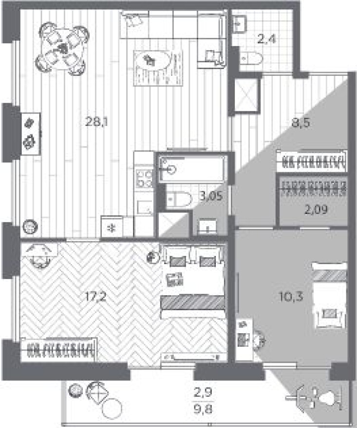 Планировка — 2к. квартира, 74.5 м²