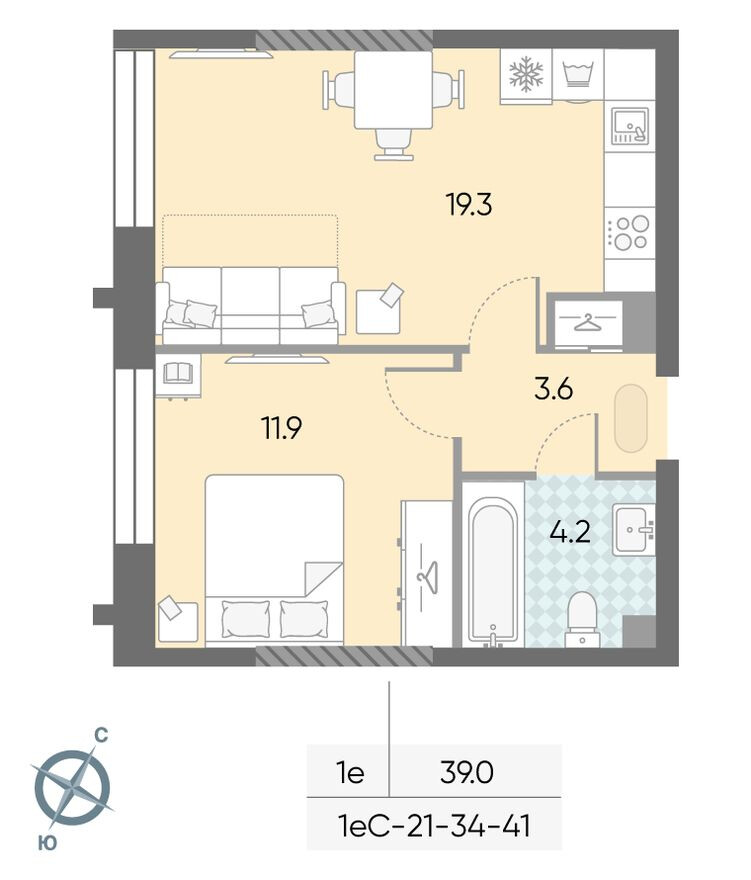 1к. квартира, 39.0 м²