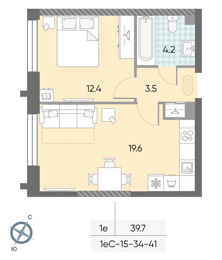1к. квартира, 39.7 м²