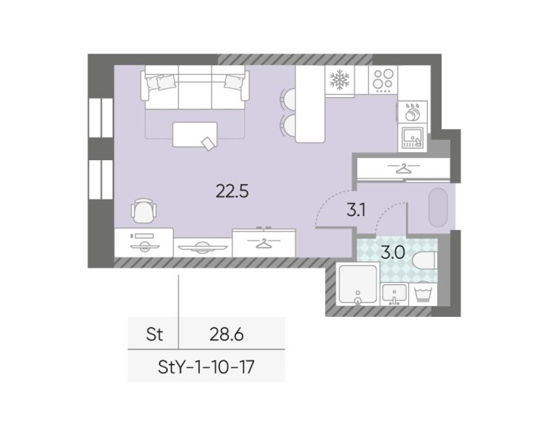 Планировка — Студия-квартира, 28.6 м²