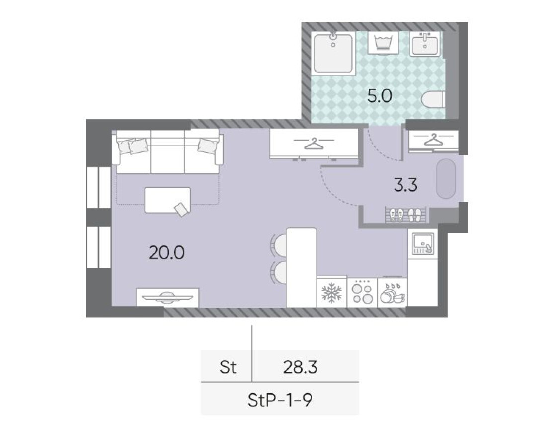 Планировка — Студия-квартира, 28.3 м²