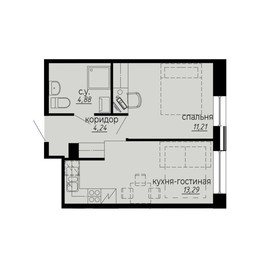 1е квартира, 33.6 м²