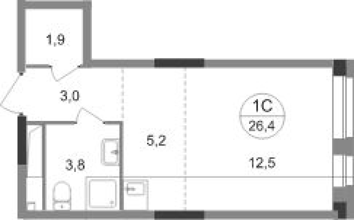 Студия-квартира, 26.4 м²
