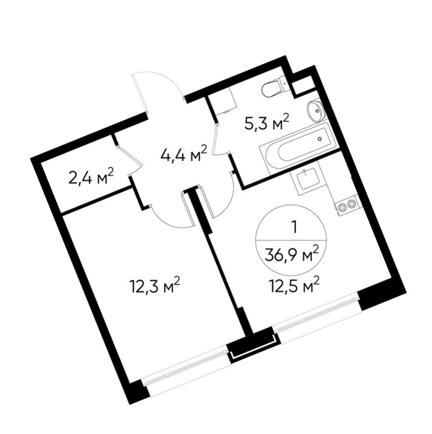 1к. квартира, 36.9 м²
