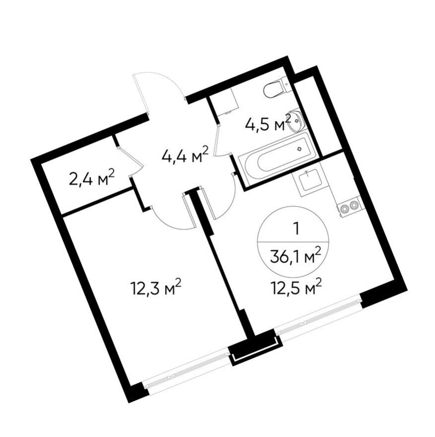 1к. квартира, 36.1 м²