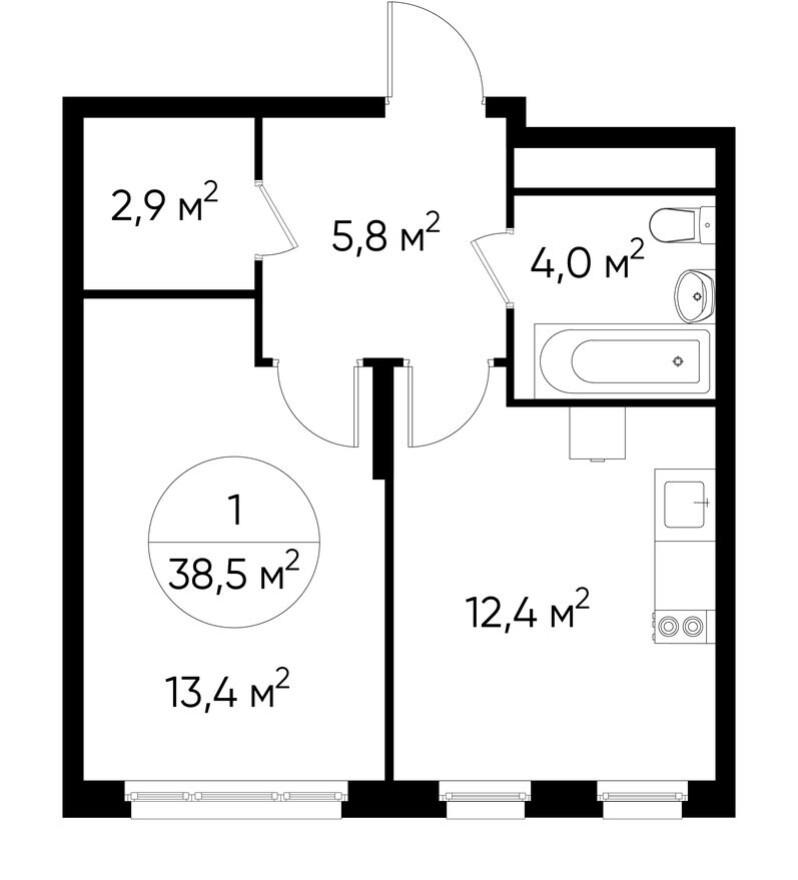 1к. квартира, 38.5 м²