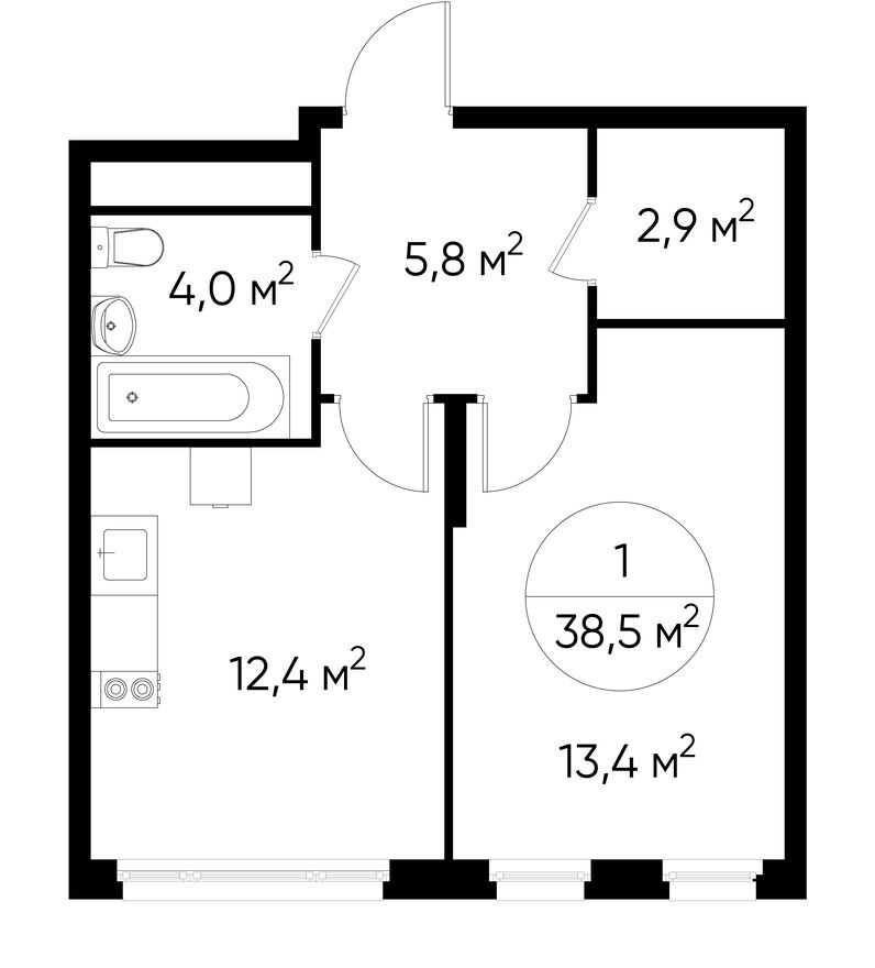 1к. квартира, 38.5 м²