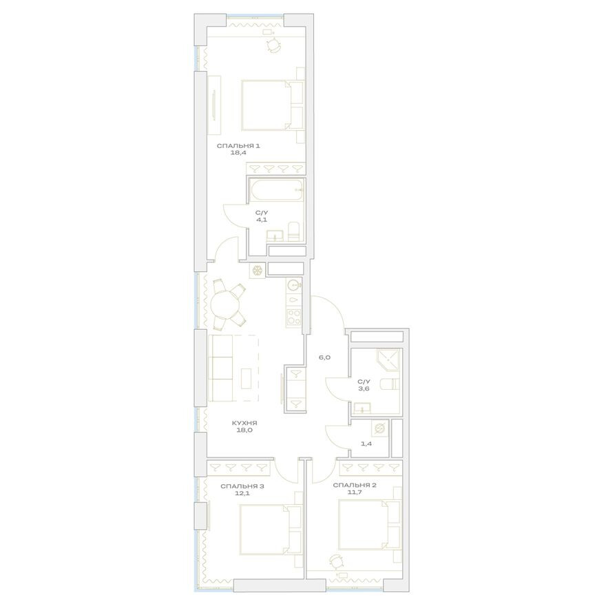 4к. квартира, 75.3 м²