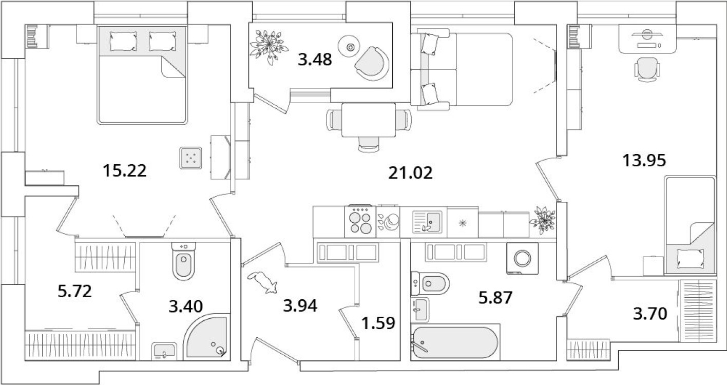 Планировка — 2к. квартира, 75.1 м²