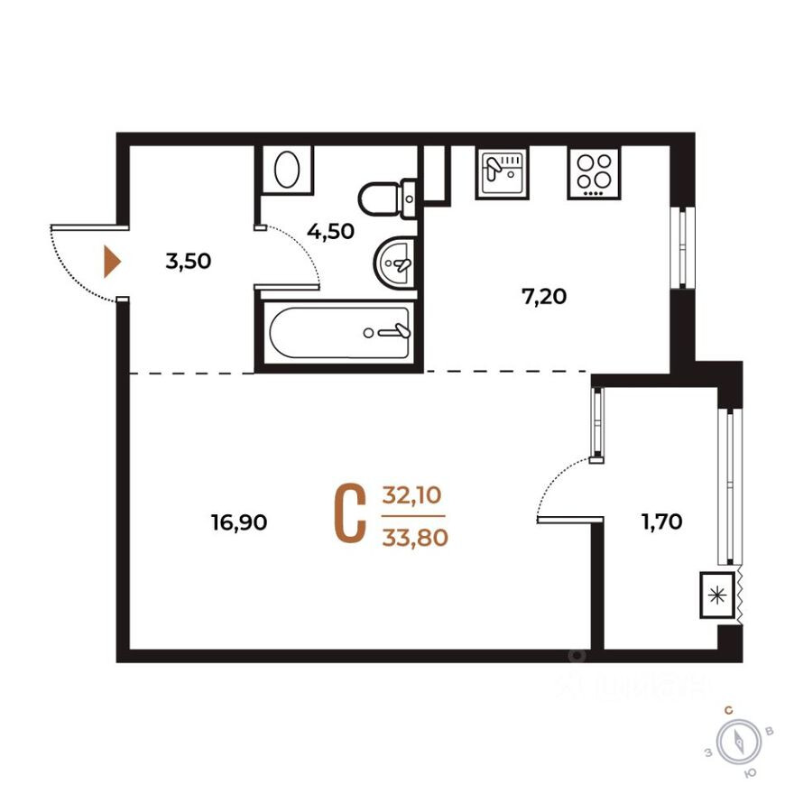 Планировка — 1к. квартира, 33.8 м²