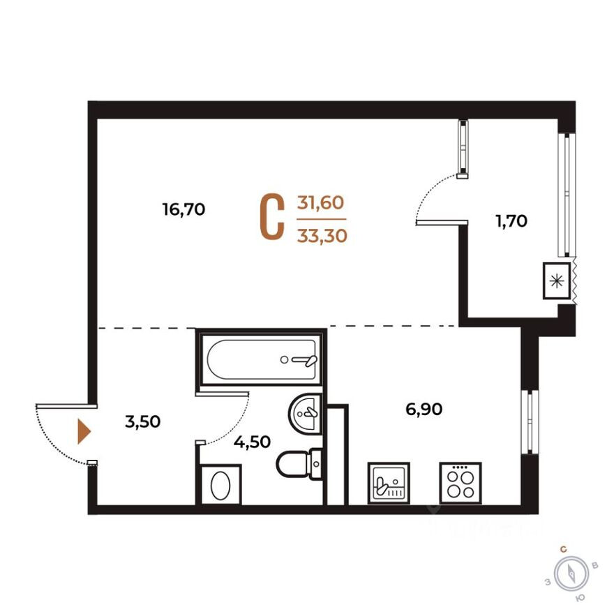 Планировка — 1к. квартира, 33.3 м²