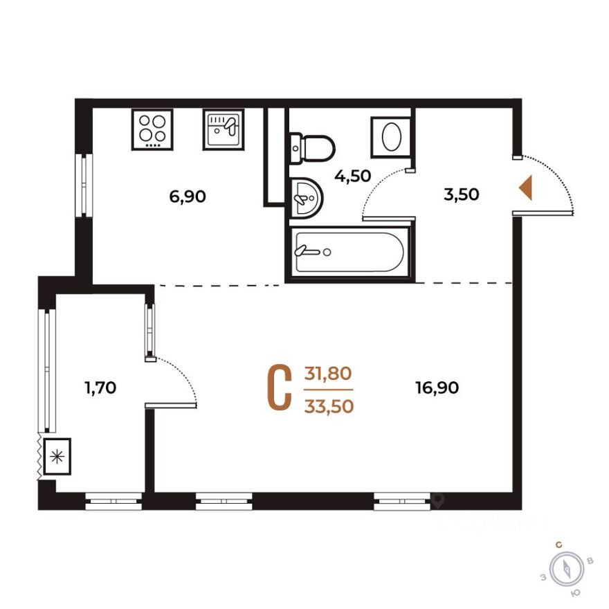 Планировка — 1к. квартира, 33.5 м²
