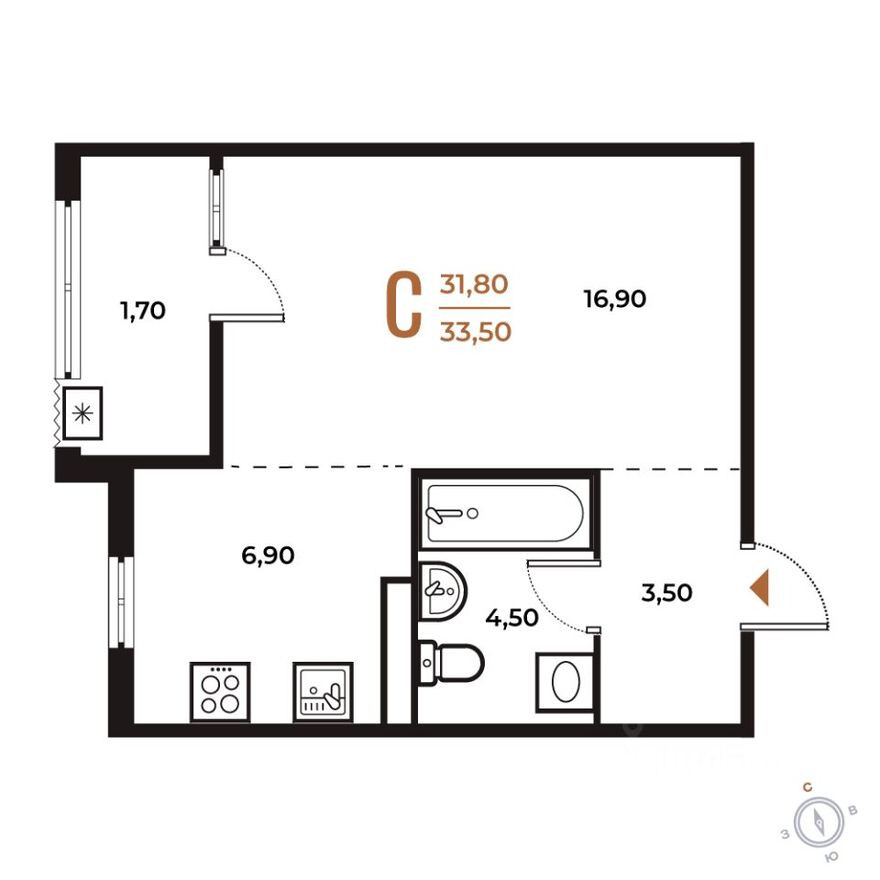 Планировка — 1к. квартира, 33.5 м²