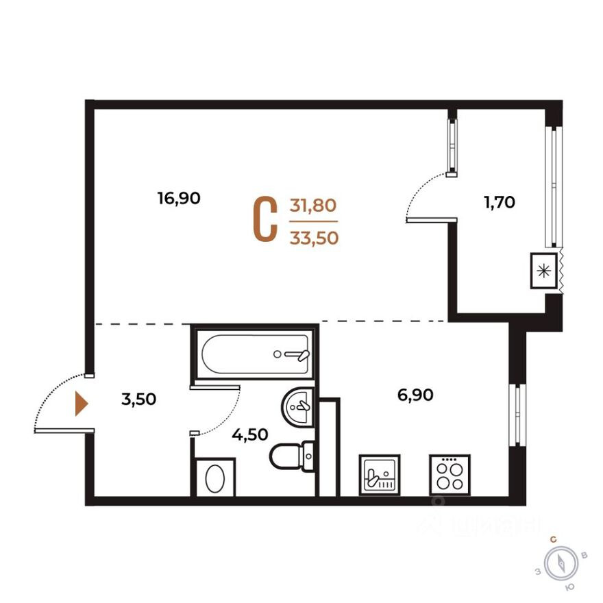 Планировка — 1к. квартира, 33.5 м²