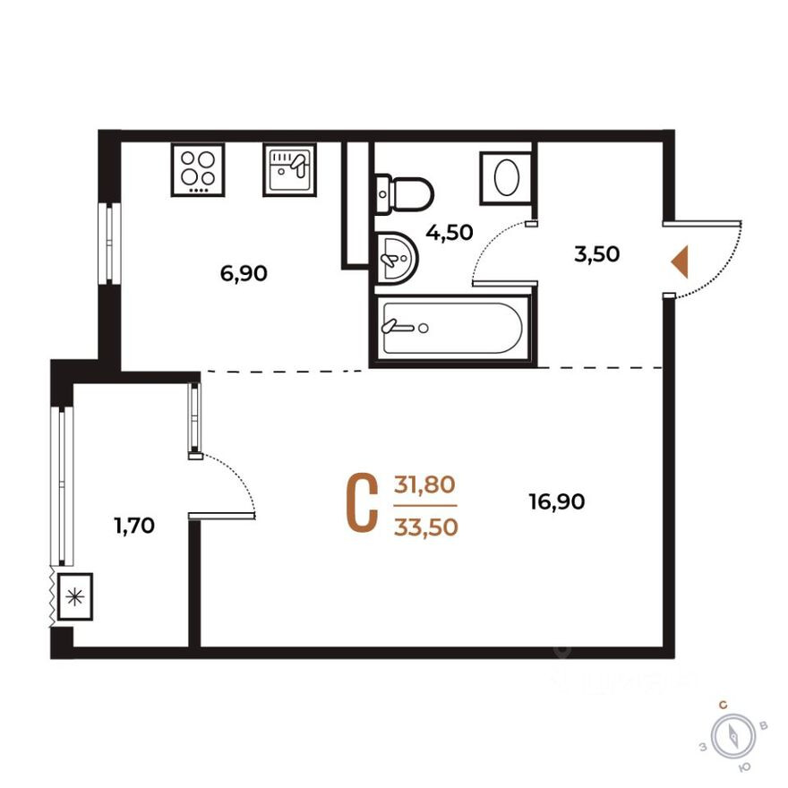 Планировка — 1к. квартира, 33.5 м²