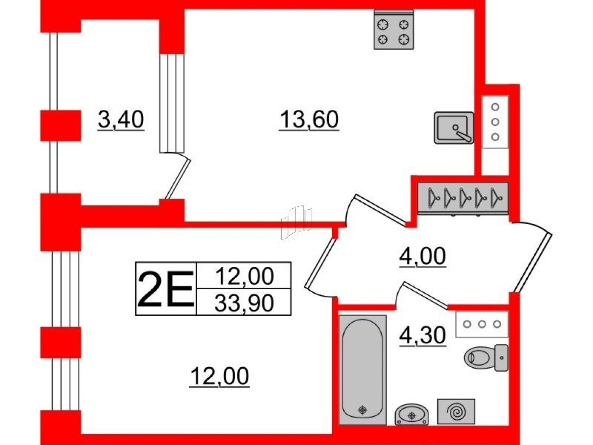 Планировка — 1к. квартира, 33.9 м²