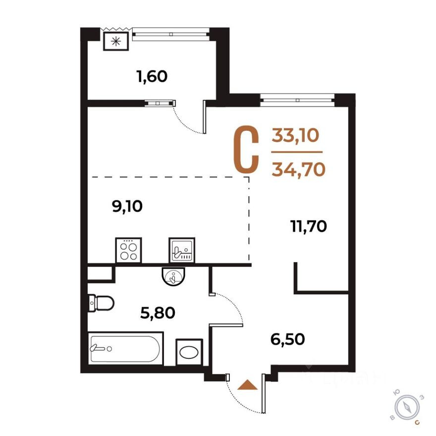 Планировка — 1к. квартира, 34.7 м²