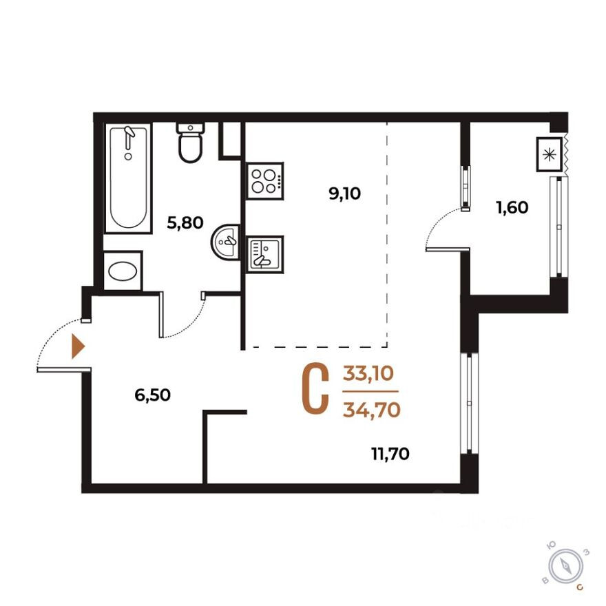 Планировка — 1к. квартира, 34.7 м²