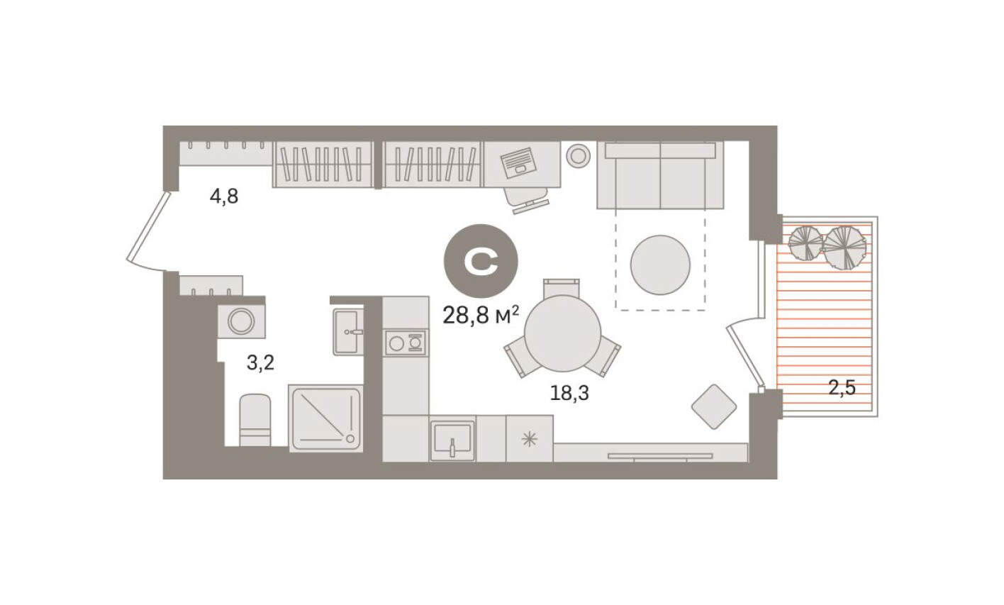 Студия-квартира, 28.8 м²