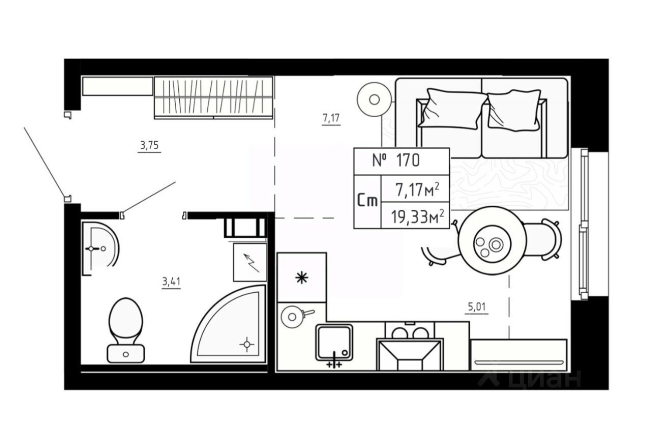 1к. квартира, 19.3 м²
