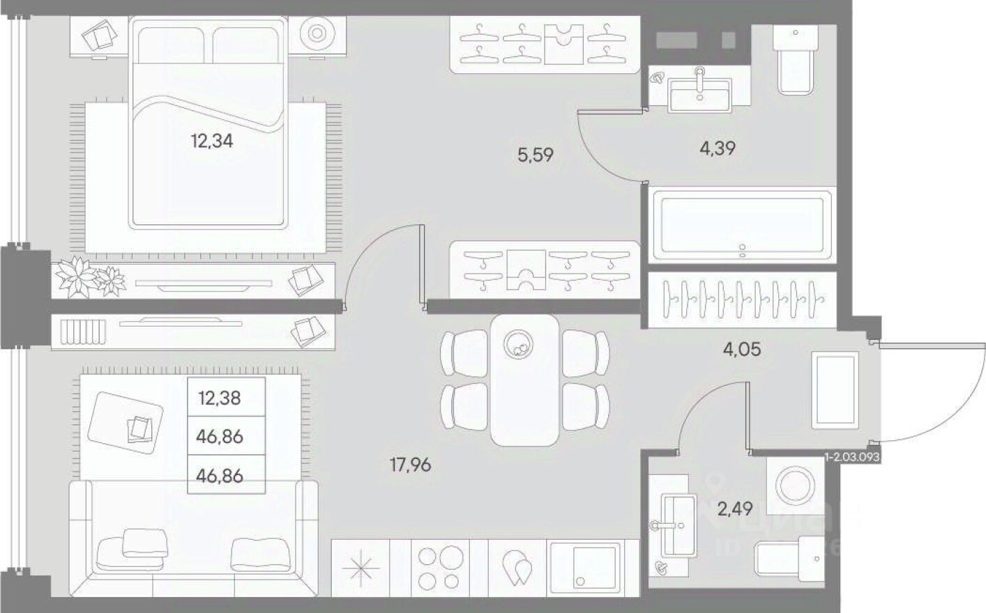 1к. квартира, 46.9 м²