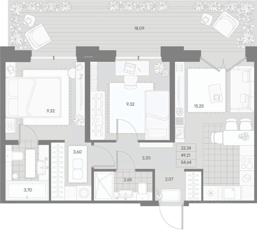 2к. квартира, 54.6 м²