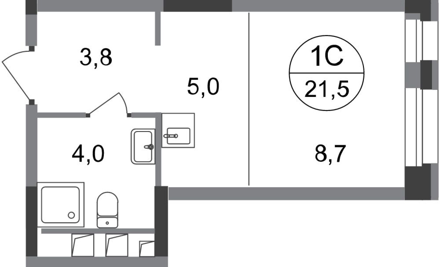Студия-квартира, 21.5 м²