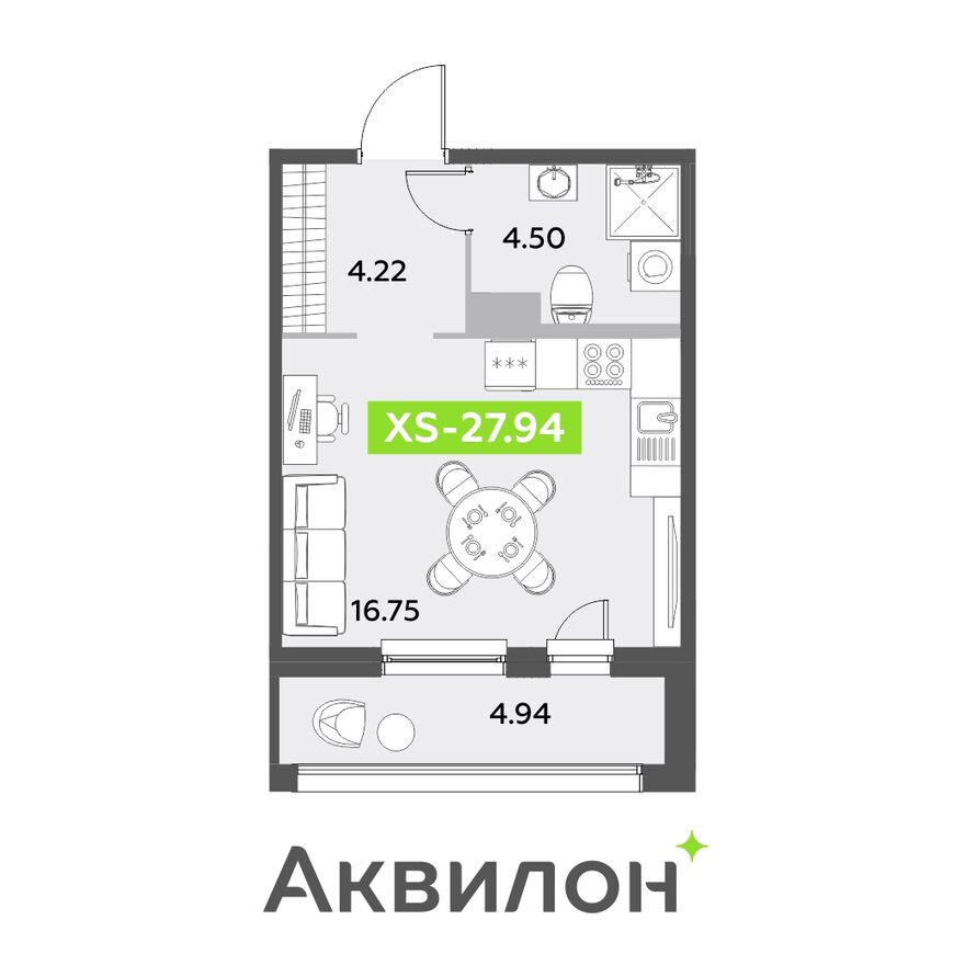 Студия-квартира, 27.9 м²